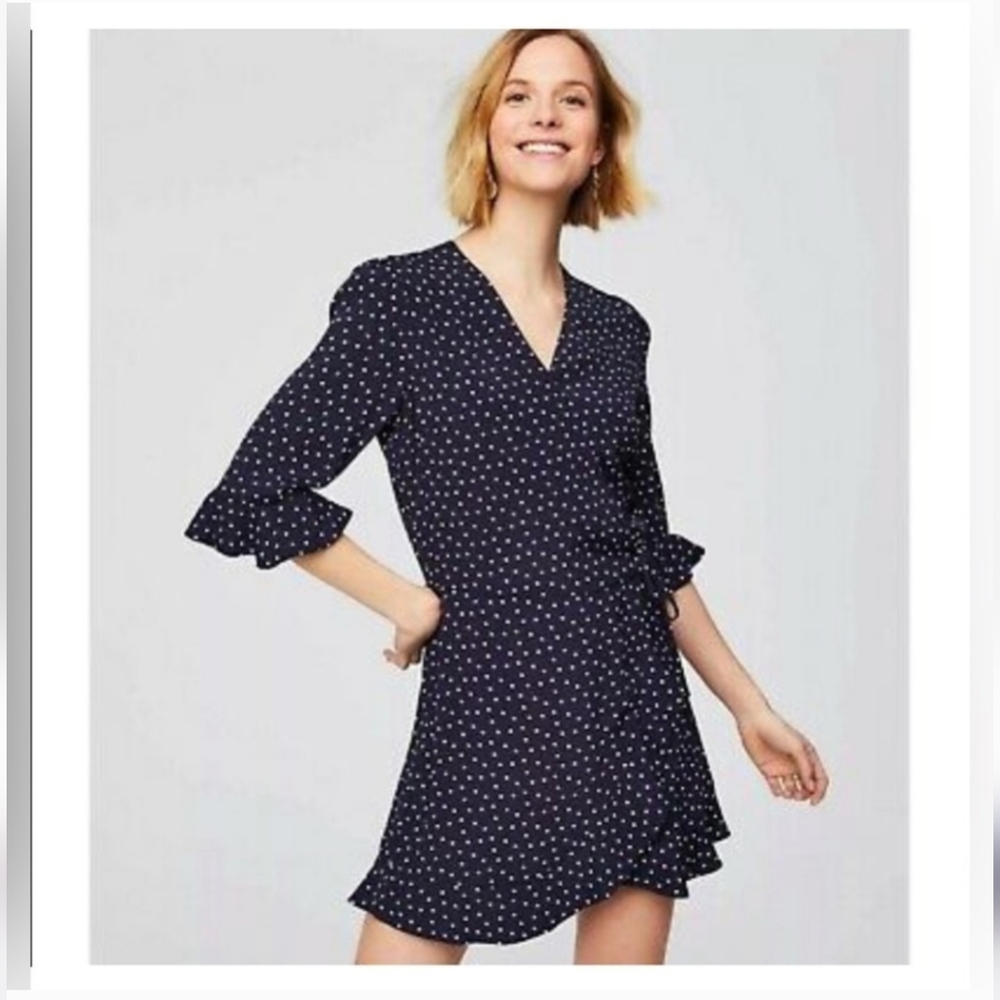 LOFT Dark Blue Polka Dot Long Sleeve Dress